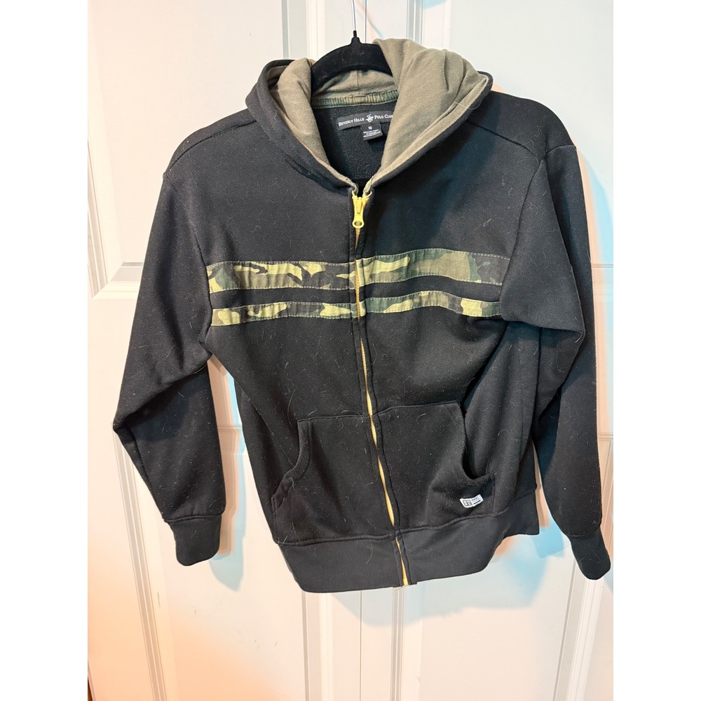 Beverly Hills Polo Club Boys Zip Up Hoodie Black Camo Stripe Fleece Jacket 10/12